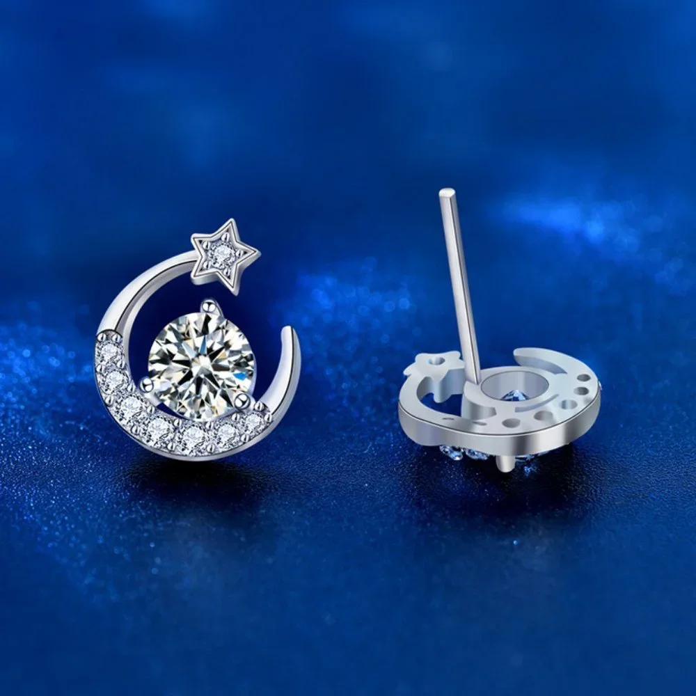Certified 1 ct. t.w. Moissanite Diamond Moon Star Stud Earrings NEW
